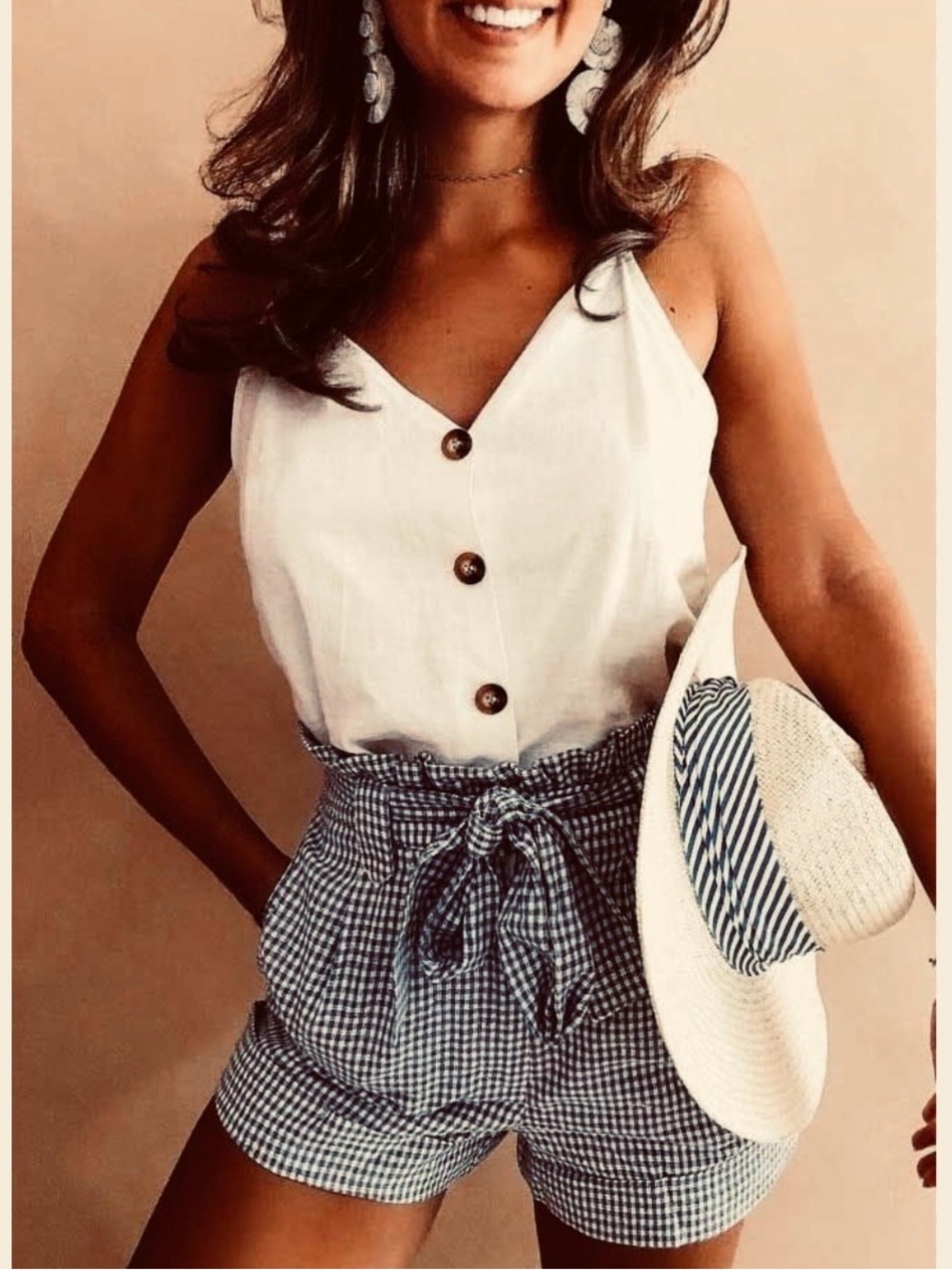 &merci Romper White Button Top Navy Blue Gingham Tie-Waist Shorts Linen Small
